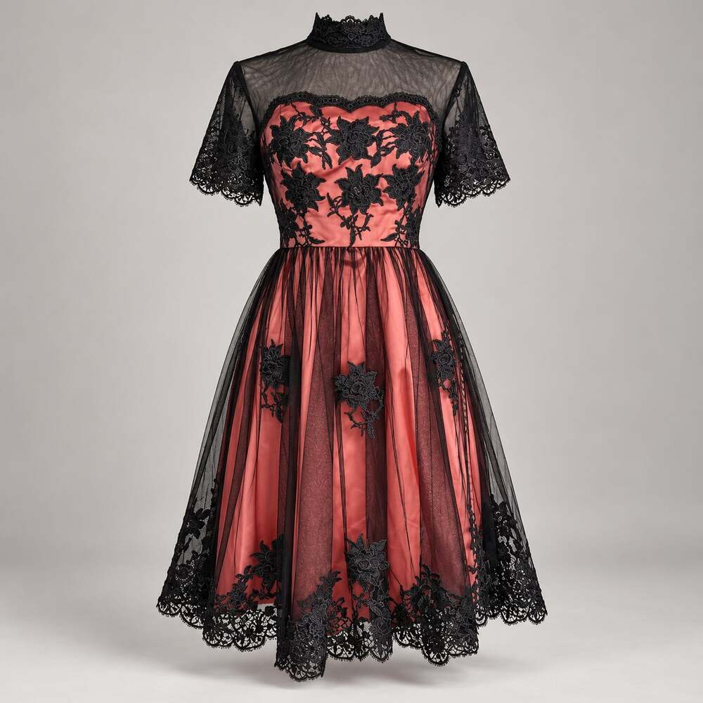 NWT TS Couture Black Pink Lace Illusion Mock Neck Fit Flare Dress 10